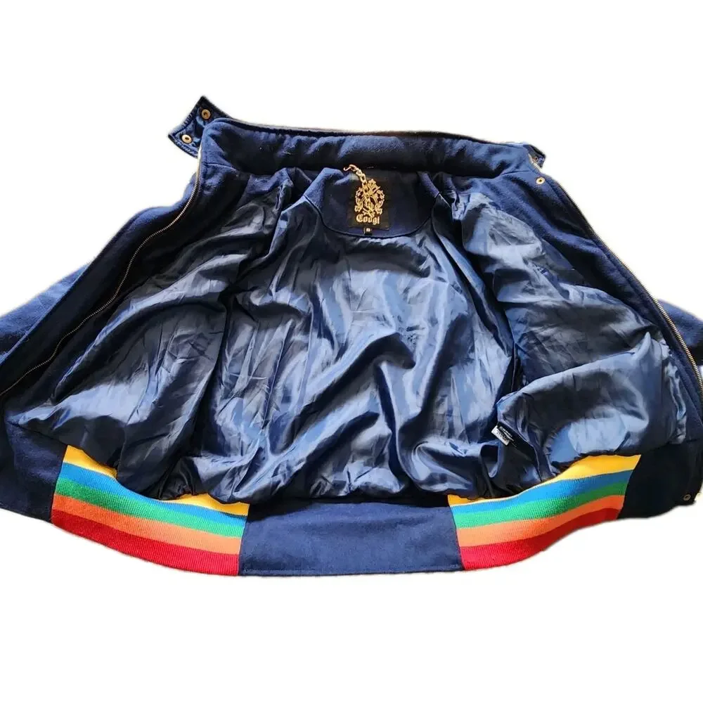 Coogi Women's Logo Rainbow Full Zip Navy Wool Varsity Jacket Fur Hood Size XXL - Picture 8 of 13